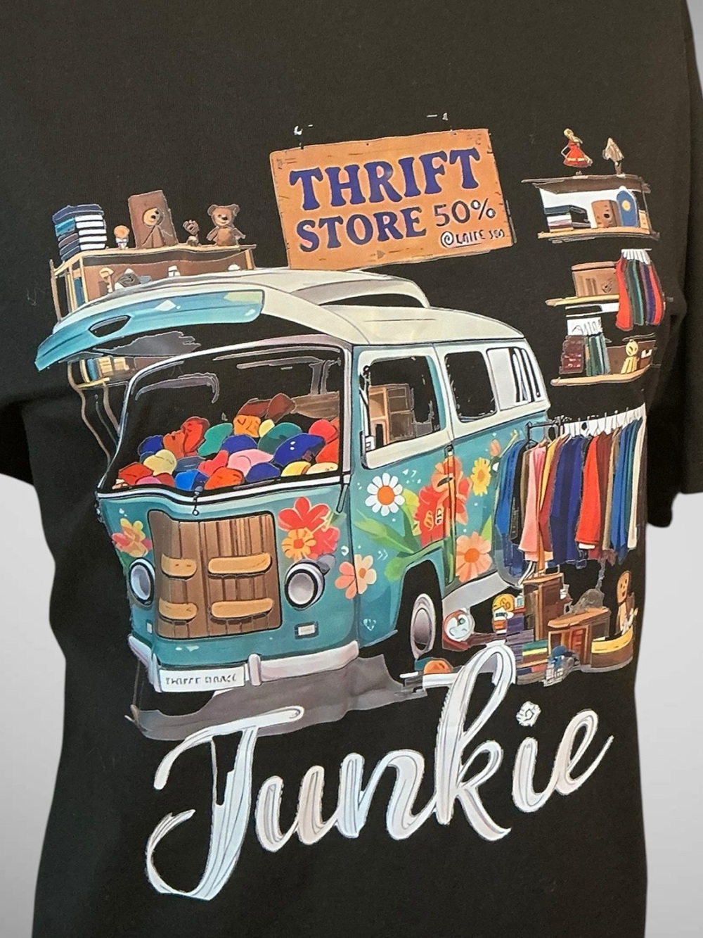 Thrift Store Junkie Graphic T-Shirt Women’s XL Black Cotton Novelty Tee